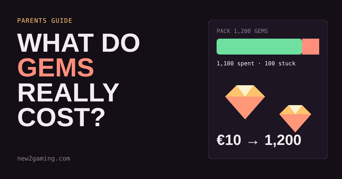 Illustration of a 1,200 gem pack with 100 gems left unspent next to two cut gems