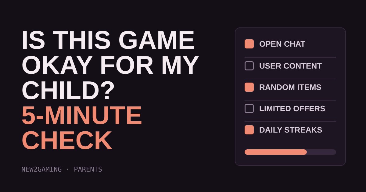 Dark card with a checklist of game risks (open chat, random items, daily streaks) and a risk meter beside the title