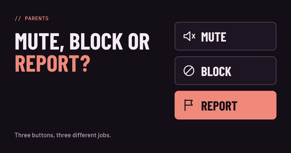 Three large buttons labelled Mute, Block and Report on a dark plum background