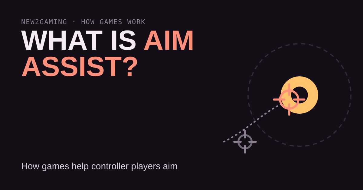 Two crosshairs chasing a moving target: a grey one without help and a coral one pulled onto it by aim assist
