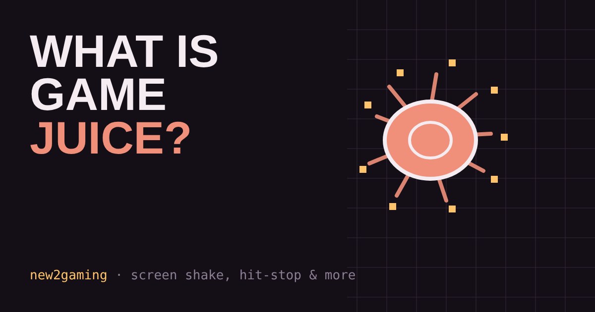A coral target circle hit by a burst of sparks and amber particles on a dark grid, next to the title What is game juice?